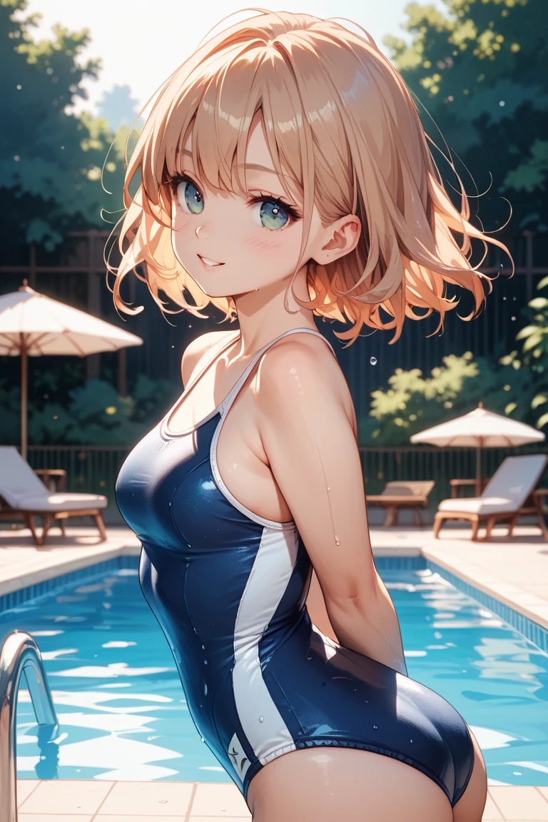 masterpiece, (realistic, photo realistic:1.2), (highest quality), extremely fine and beautiful, beautiful face details, real human skin, realistic, photorealistic, Complete limbs, Bright light, cute girl, Slender beauty, smile, Wearing a shiny school swimsuit, Glowing Skin. Tiny breasts, pool