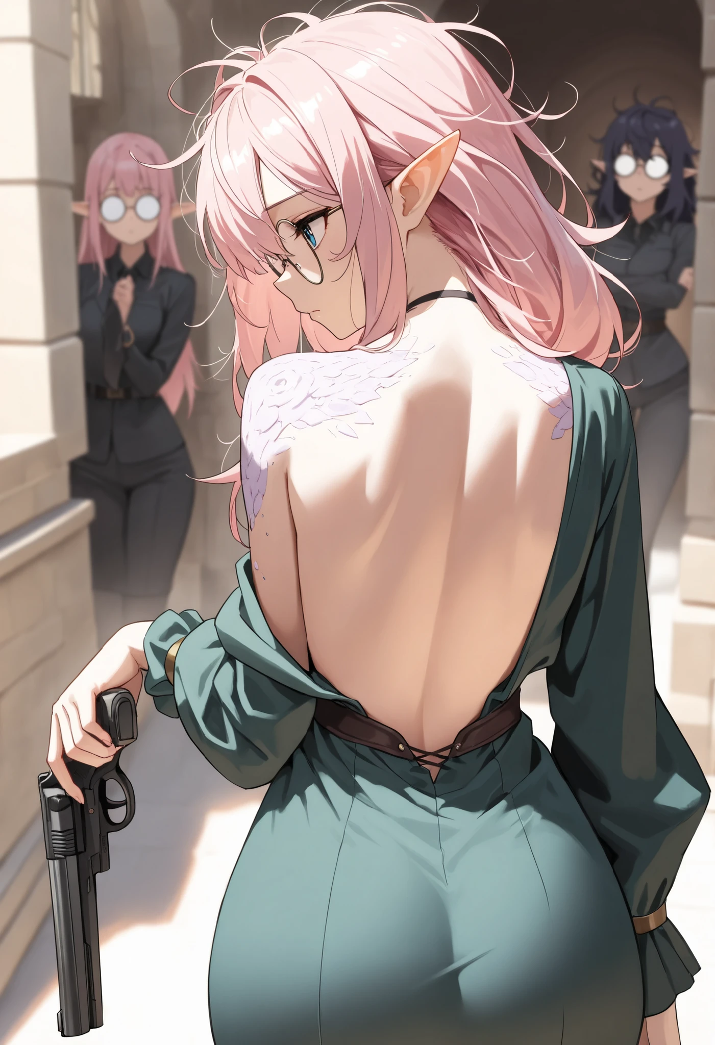 ((best quality)), ((masterpiece)), (detailed), perfect face, textured skin, ((super detail)), high quality, high details, soft focus, holding handgun, pink hair, elf, pointy ears, messy hair, a girl shows her back, turn around and look at me, Large round glasses, Point the handgun muzzle up