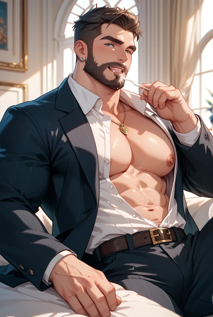 5-people, whole body, Flat beard, Drunk sleeping on the sofa, Legs open, Suit and Tie, Big bulge, Shirt open to show_, Show off your chest and abdominal muscles, Pants half pulled down,Show sexy_Red_, Dream, Big, Big bulge, Black translucent socks