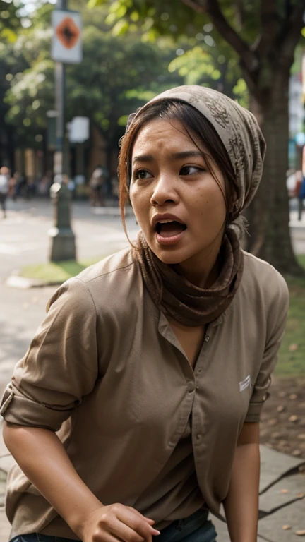 a asian muslim mother holding a bamboo cane stickchasing a small asian muslim child with an angry face, the running away in fear, detailed facial features, dramatic lighting, cinematic composition, moody atmosphere, high contrast, photorealistic, award winning photograph, 8k, HDR. 1980 timeline 