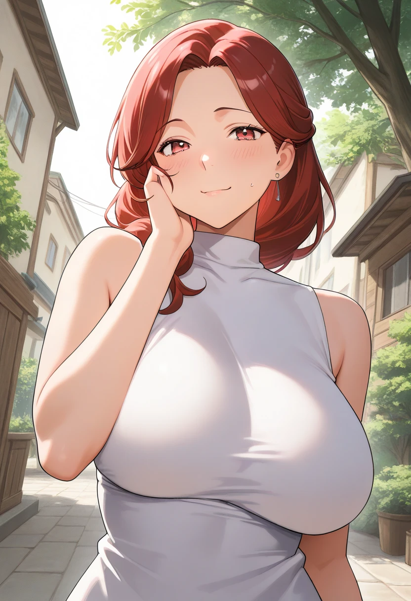 (masterpiece:1.1)、(top-quality:1.1)、full body Esbian、shorth hair、Good anatomy、(1girl in:1.2)、(detailed faces and eyes:1.25)、orange color hair、brown haired、Brown-eyed、(huge-breasted、thighs thighs thighs thighs、thighs thighs thighs thighs:1.2)、looking at the viewers、a matural female、side locks、Kyoka Tachibana、(White knitted sweater:1.3), (a miniskirt:1.3)、is standing、(A smile:1.3)、red blush、Bare arms、bare elbows、(View from the front:1.5),outside of house、plein air、