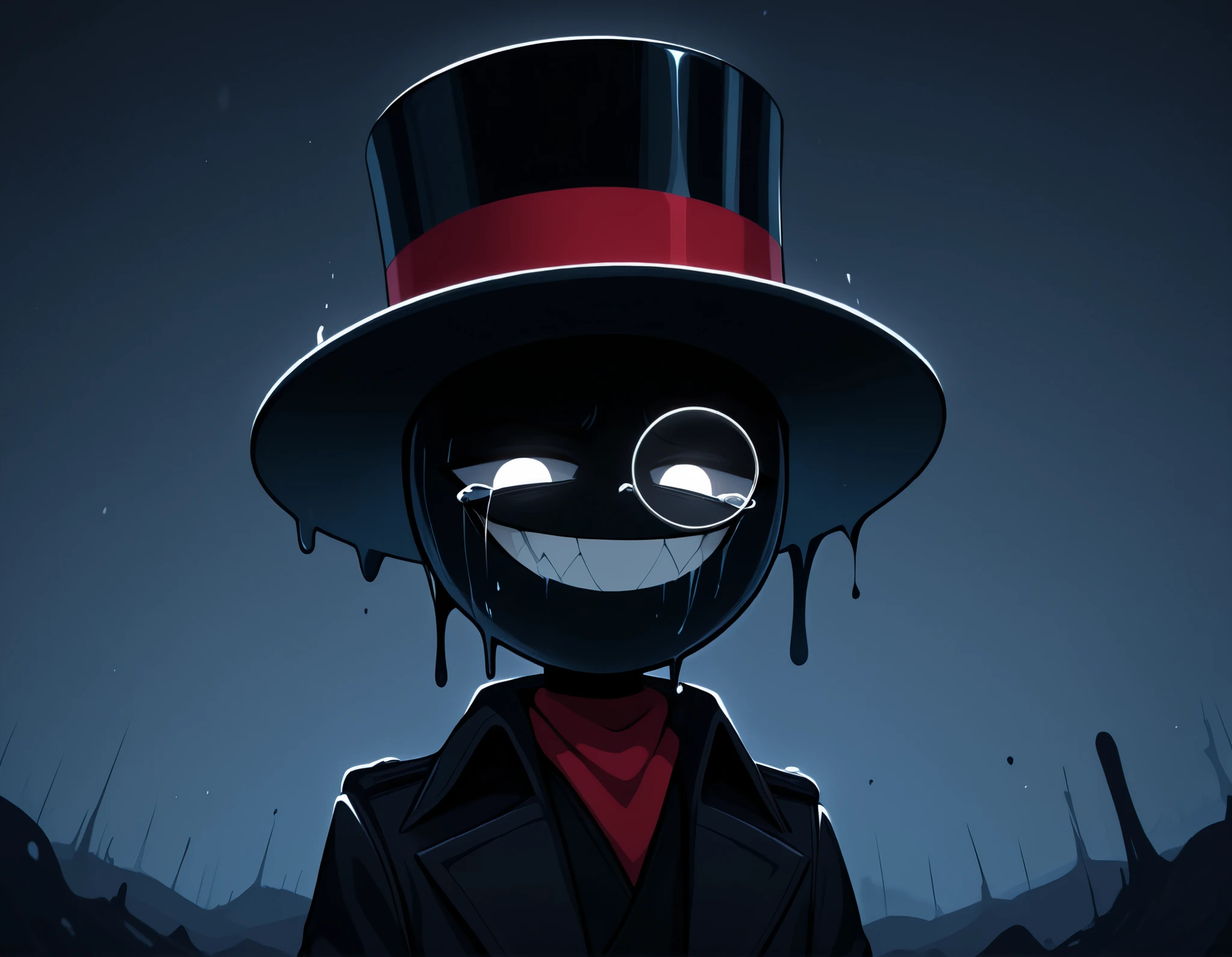score_9, score_8_ up, score_7_ up, gwainsaga, A sinister humanoid villain with a half-corrupted face, standing against a stormy, dark sky. He wears a black top hat with a red band, and a dark trench coat with a crimson collar. The right side of his face is smooth, stylized, cartoonish, with a wide, glowing neon-green, jagged smile and a cold, light-blue monocle eye — exuding an evil, smug aura. The left side of his face is grotesquely deformed, resembling melting flesh and writhing tendrils, as if corrupted by a parasitic force or dark energy. Veins of black goo spread across his shoulder, tearing through his clothing. The contrast between the cartoonish and the realistic horror sides creates a disturbing duality. The lighting emphasizes the texture difference — glossy, twisted horror on one side, clean animated style on the other. The atmosphere is charged with malevolence and power. Style: horror surrealism meets stylized animation, dark fantasy villain portrait, semi-realistic textures, corrupted duality, ominous cinematic lighting, extreme close-up, masterpiece, best quality, amazing quality, {8k image}, highly detailed, anatomically correct.