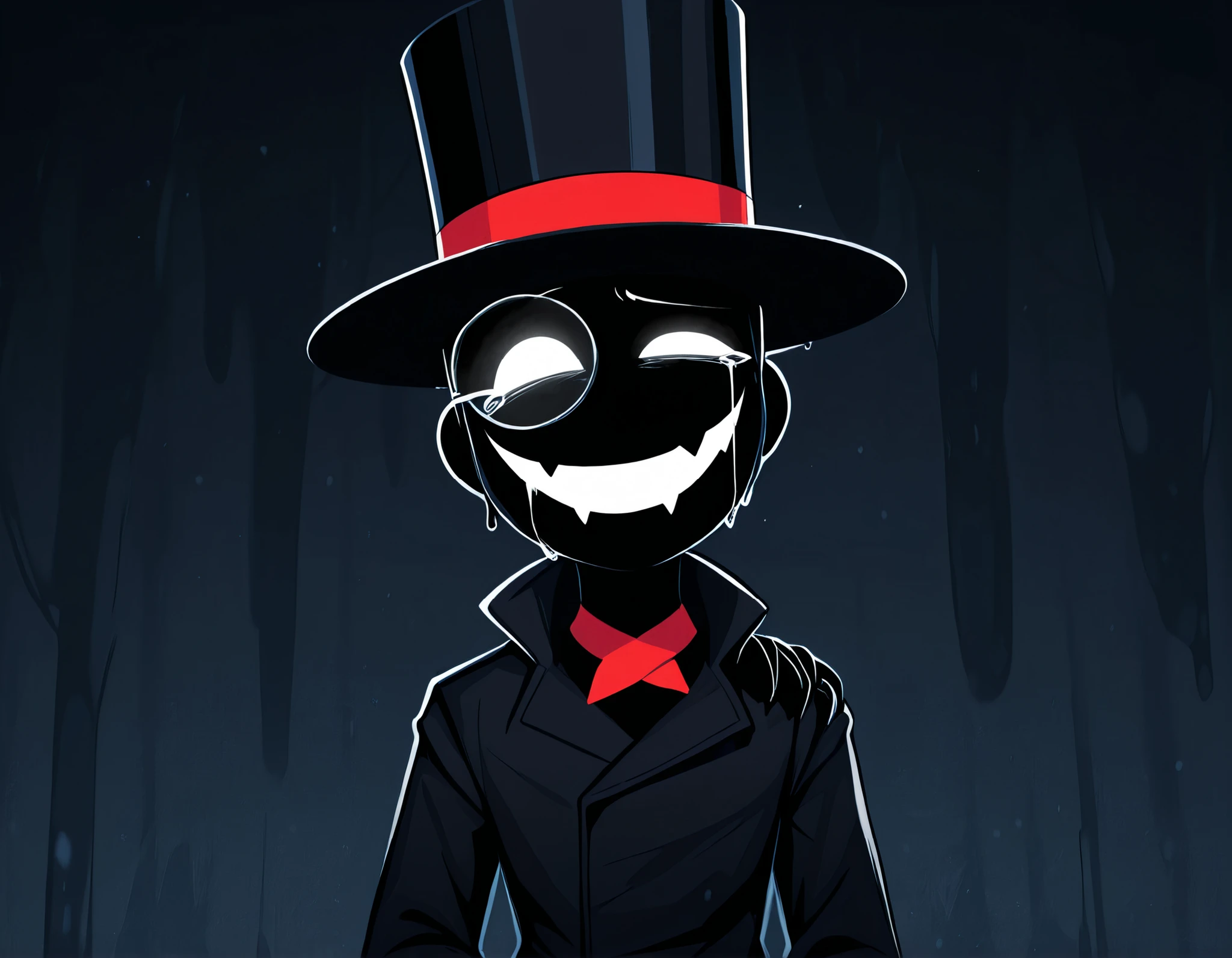 score_9, score_8_ up, score_7_ up, gwainsaga, A sinister humanoid villain with a half-corrupted face, standing against a stormy, dark sky. He wears a black top hat with a red band, and a dark trench coat with a crimson collar. The right side of his face is smooth, stylized, cartoonish, with a wide, glowing neon-green, jagged smile and a cold, light-blue monocle eye — exuding an evil, smug aura. The left side of his face is grotesquely deformed, resembling melting flesh and writhing tendrils, as if corrupted by a parasitic force or dark energy. Veins of black goo spread across his shoulder, tearing through his clothing. The contrast between the cartoonish and the realistic horror sides creates a disturbing duality. The lighting emphasizes the texture difference — glossy, twisted horror on one side, clean animated style on the other. The atmosphere is charged with malevolence and power. Style: horror surrealism meets stylized animation, dark fantasy villain portrait, semi-realistic textures, corrupted duality, ominous cinematic lighting, extreme close-up, masterpiece, best quality, amazing quality, {8k image}, highly detailed, anatomically correct.