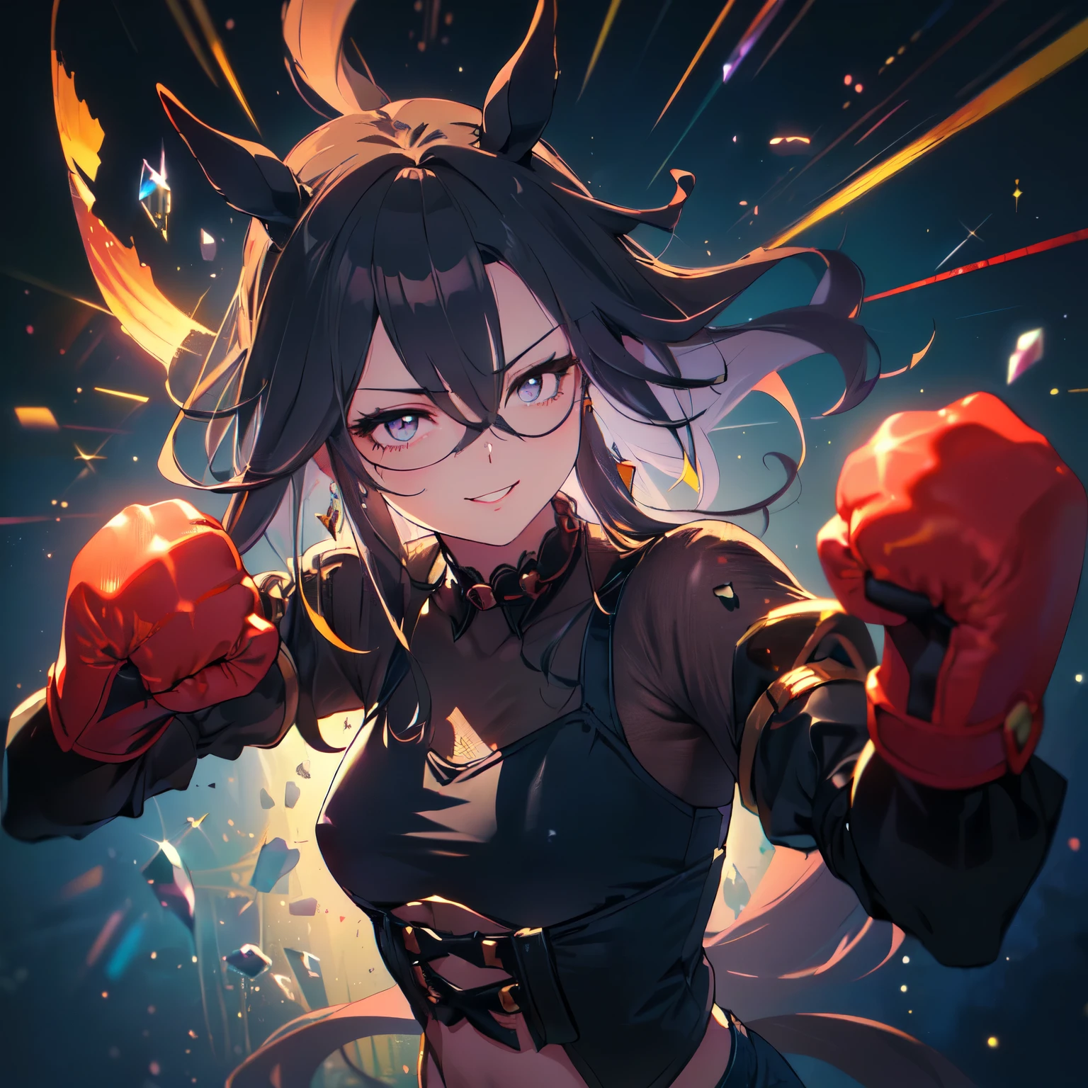 (Uppercut punch, fighting stance, clenched fist, bare hands, jump: 2), (Solo, alone, girl, horse ears, hidden round breasts, black hair, very long hair, dreamy smile, black tights, see-through dark blue lace outfit, denim shorts, exposed midriff, dark purple background, ground filled with crystals, world filled with crystals, scattered crystals, upper body, accurate anatomy, high saturation, masterpiece, highest rated, 8K: 1.5)