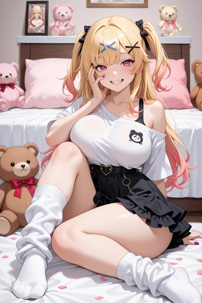 lying girls up to down from viewer's face, 1girl solo focus, a girls half closed eyes looking down and super open big mouth face, open legs and super loose socks feet and wearing satin cute panties, loafer soles up straddle sitting male abdomen missionary, (on the pink cute bed), She lies on the bed on her back, (overflowing with love juice:1.4), You push her down on the bed, Beautifully breasts exposed by the unbutton open front outer shirt, View from very close directly girls above, (Masterpiece, Super realistic, Super details, Super Highest Quality, Super Highest Quality), super cute and beautiful girl, (Mysterious atmosphere:1.3), You are male professional photographer, Japanese gal, For dark brown eyes, Blonde yellow hair, Pink ribbon, gal make-up, False eyelashes, Pearl pink lips, Unbuttoned out Hemmed sailor red open collared open front white shirt, (kawaii erotic girl:1.3), (Very thin shirt:1.3), beautiful focus, cat like big open mouth, (brown eyes:1.4), big round chest, (POV hands and arms on girls thighs:1.3), BREAK, (Half down two side up blonde very long hair style:1.4), (Wider at the hem flabby large in size Super Loose Socks:1.4), (wear loafer:1.2), An innocent 16-year-old girl, (skin fang:1.2), super happy smile, evil smile, Extremely Realistic, big open mouth ahegao orgsming face, half close eyes, (With white ruffled hem red plaid pleat mini skirt girls:1.4), POV thighs push hands, (Shirt open outer outfit:1.4), super photo realistic, (Outfits with lots of frills:1.4), (White ruffles lots of in red skirt:1.6), (Very thin Long bangs over the eyes, Brown cartoon eyes:1.3), (Half head back:1.2), selfy shirt lift breasts exposed, rise your hands rabbit pose, super orgasming face, (riko mine from hidanno aria:1.2), beautiful camel toe, one legs up,score_9, White ruffled long sleeves, white ruffled skirt hem, wearing shiny satin bikinis, (One leg up wear loafea sole that seems to be stepping on the viewer's face:1.4). duck mouth, (white ruffled style mini