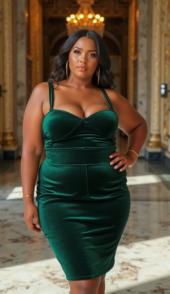 QUEEN, CHUBBY, photo vintage, visage feminin parfait, SENEGALESE , tache de rousseur, 1888, big huge breasts : 36HH,FRONT VIEW, Rembrandt LIGHT , EXTREMELY LONG V-NECK , VERY BIG ROUND CLEAVAGE, BEAUTIFUL EYES, BEAUTIFUL HANDS, LIGHT SMILES, PERFECT FACE, tres long décolleté, CASTLE BACKGROUND , NECKLACE, RING, JEWELERY RICH, SFW, FULL BODY, VERY COLORFUL, BOUDOIR ROOM, GREEN TRANSPARENT LINGERIE, VERY LONG TITS,