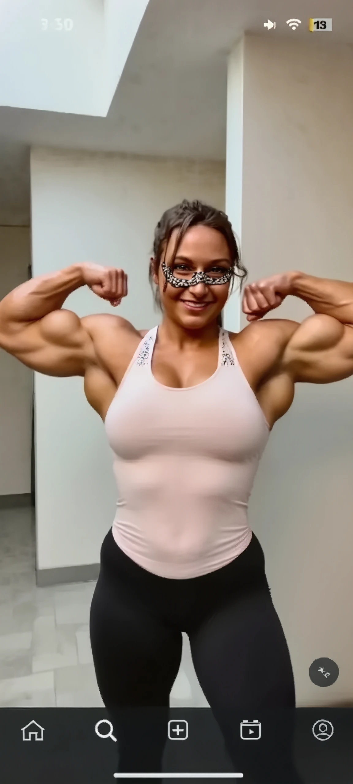 (Full body shot), Muscular bodybuilder body type profile, (masterpiece, best quality:1.4), portrait Solo, female, woman, brown wavy hair and a ponytail. torn clothes. (pink summer tank top), damaged clothes, Cleavage, big breasts, exposed.