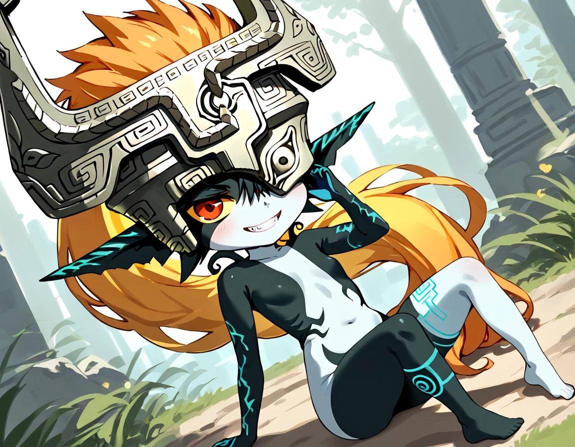 <lora:tloz_midna-10:1>,midnaimp,fang,helmet,colored sclera,yellow sclera,one eye covered,forest,grass,tree,perfect lighting,bokeh,depth of field,shortstack,spread pussy,open pussy,pussy juice,(nipples),sitting,