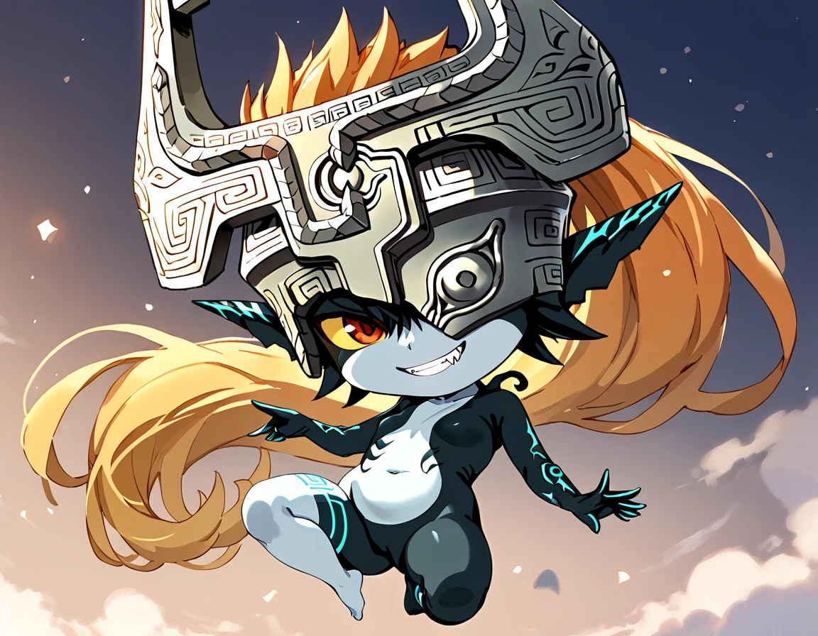 score_9, score_8_up, score_7_up, source_cartoon, source_anime, 1girl, midnaimp, multicolored skin, two-tone skin, colored sclera, helmet, fang, intricate, highly detailed, soft lighting, soft particles, glowing