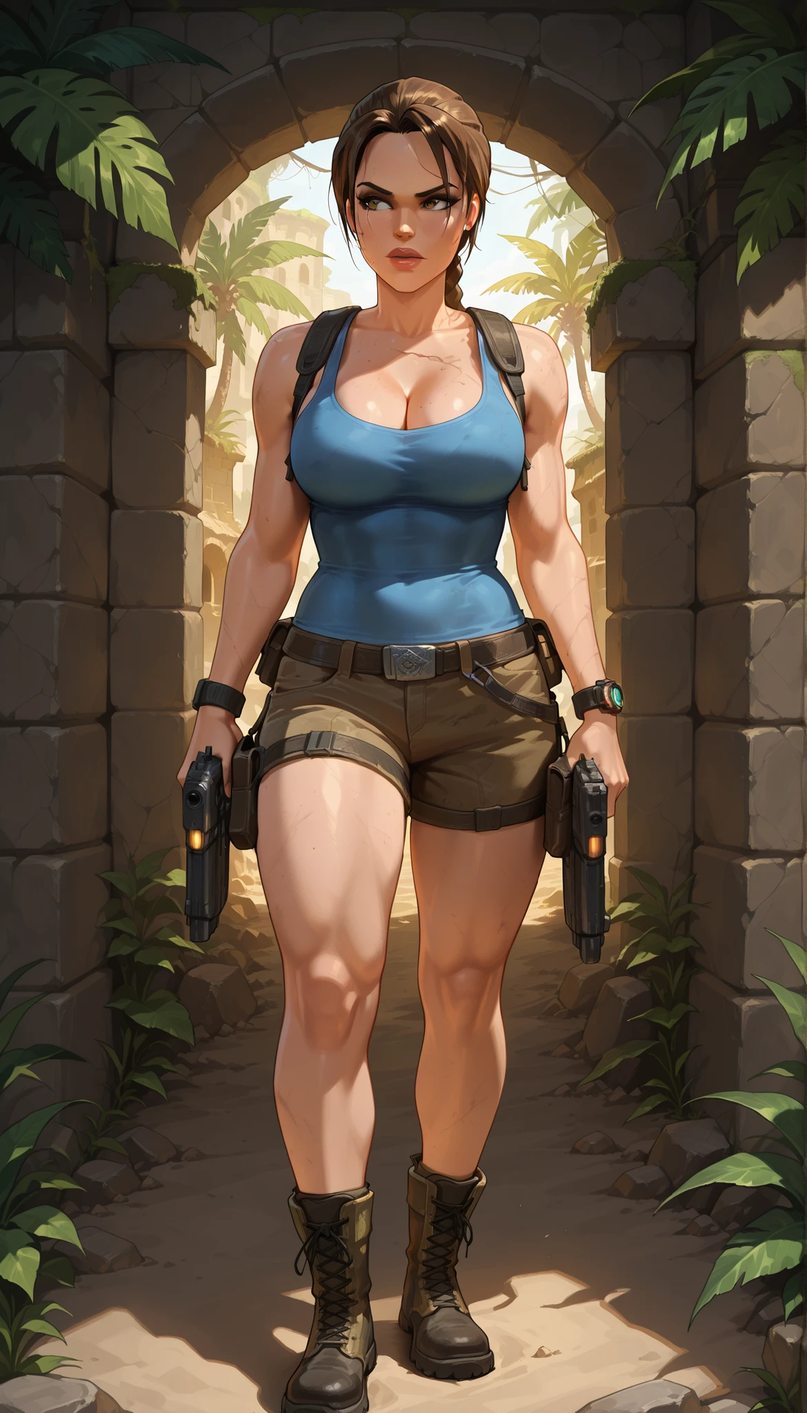 Lara Croft Tomb Raider, wielding guns and exploring ancient ruins. (best quality,ultra-detailed),lara croft,adventurous,dangerous,young woman,strong,brave,athletic,treasure hunter,fearless,long brown hair,wearing cargo shorts,combat boots, blue tank top,gritty and realistic,high-contrast lighting,moss-covered stone walls,tropical foliage,vivid colors, blue tank top, cleavage, large , braided ponytail, solo, 1girl, hands at sides