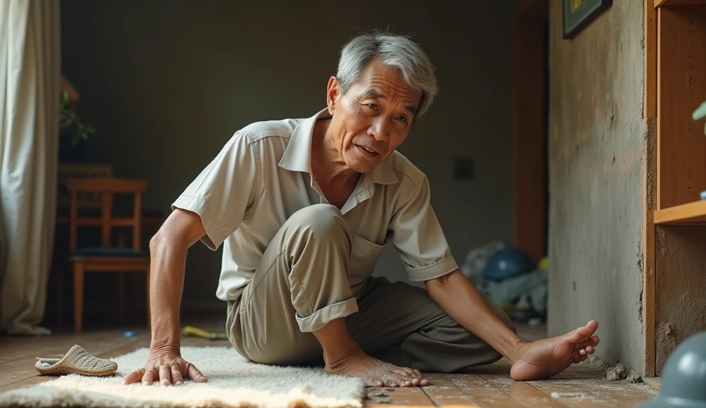 An old man searching for a contact lens that fell on the floor、From the side
脚を開く