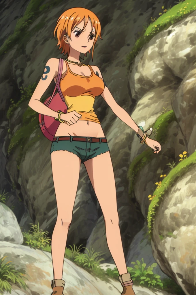 Namihalterneck, halterneck, 1girl, solo, large breasts, twintails, brown eyes, jewelry, orange hair, bracelet, short shorts, tattoo, short twintails, denim shorts, tricolor halter neck, armpits