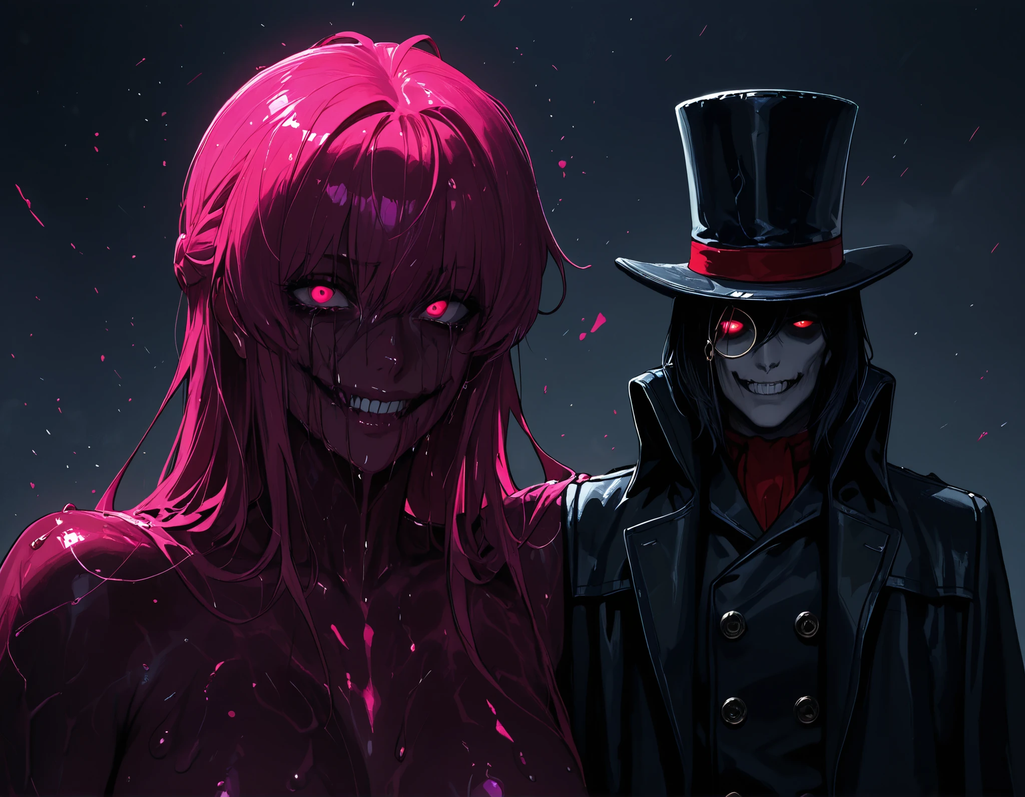 score_9, score_8_ up, score_7_ up, Takeda, A sinister humanoid villain with a half-corrupted face, standing against a stormy, dark sky. He wears a black top hat with a red band, and a dark trench coat with a crimson collar. The right side of his face is smooth, stylized, cartoonish, with a wide, glowing neon-green, jagged smile and a cold, light-blue monocle eye — exuding an evil, smug aura. The left side of his face is grotesquely deformed, resembling melting flesh and writhing tendrils, as if corrupted by a parasitic force or dark energy. Veins of black goo spread across his shoulder, tearing through his clothing. The contrast between the cartoonish and the realistic horror sides creates a disturbing duality. The lighting emphasizes the texture difference — glossy, twisted horror on one side, clean animated style on the other. The atmosphere is charged with malevolence and power. Style: horror surrealism meets stylized animation, dark fantasy villain portrait, semi-realistic textures, corrupted duality, ominous cinematic lighting, extreme close-up, masterpiece, best quality, amazing quality, {8k image}, highly detailed, anatomically correct.