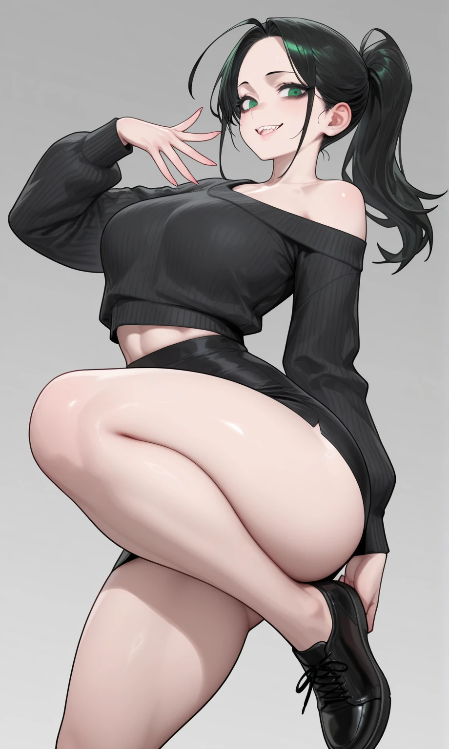 1girl,goth, fair skin, hair bangs covering her eyes, no eyes showing, black lipstick, short bob hairstyle, large breasts,slim waist, massive thighs, thick thighs, wide hips, wearing a small tight black t shirt, black panties with a bow on them, barefoot, small feet, nail polish, white background , entire body showing, standing in an empty white room, full body shown, detailed feet, beautiful feet