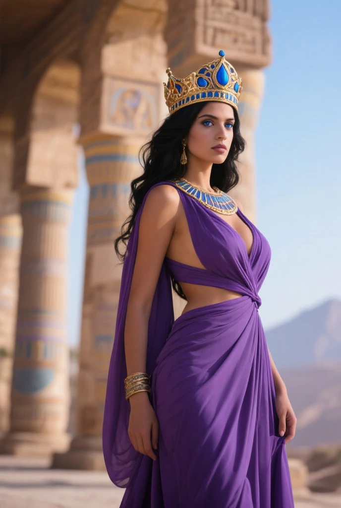Cleopatra, standing on a balcony overlooking Alexandria, dressed in royal purple, with a stormy sea in the background