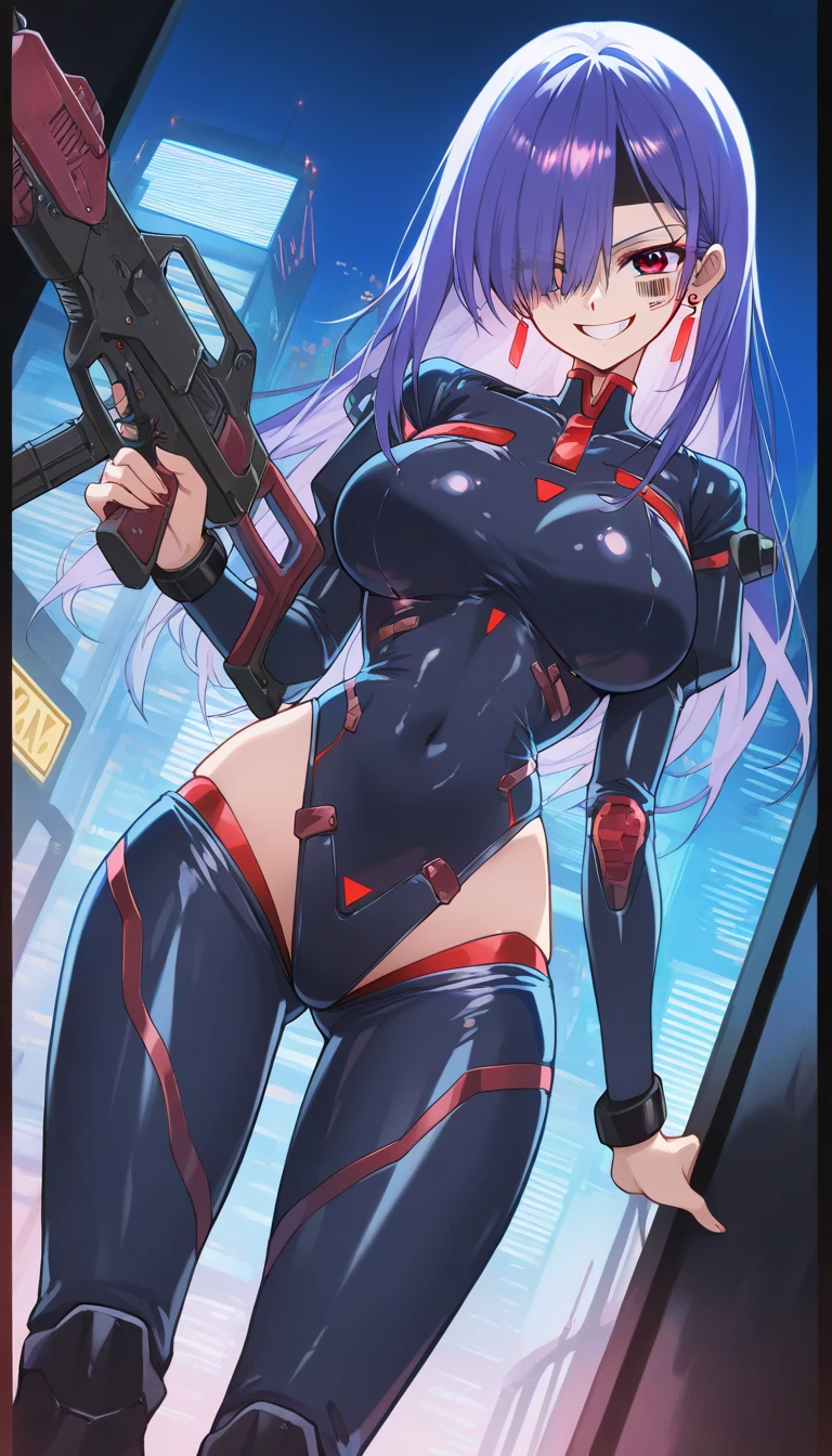 ,1girl,(teen:1.5), (short_ponytail:1.3), (light_whitish_purple_hair:1.3),black_mechanical_armor_parts,white_breasts_parts_red_black_body_suit,bare_shoulder,bare_slender_thighs,medium_breasts,city_background,Stinging_eyes,sleepy,thighhigh_greaves,gauntlets,dynamic_posing,bare_frank,metal_red_parts_armor,red_eye,solo,
fists,hold_weapon,glare,navel,large_mechanical_parts,happy,waist_armor,open_mouth,rise_legs,apart_legs, (covered_navel:1.3),(very_long_bangs:1.3), (hair_over_one_eye:1.5),(long_bang_covers_right_half_of_face:1.5),
(covered_pussy:1.1),covered_breasts,fighting,