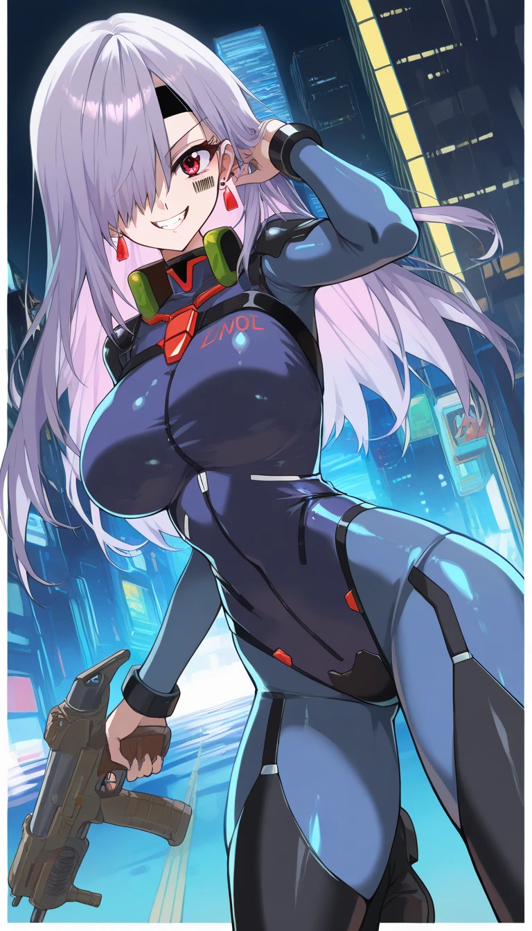 ,1girl,(:1.5), (short_ponytail:1.3), (light_whitish_purple_hair:1.3),black_mechanical_armor_parts,white_breasts_parts_red_black_body_suit,bare_shoulder,bare_slender_thighs,medium_breasts,city_background,Stinging_eyes,sleepy,thighhigh_greaves,gauntlets,dynamic_posing,bare_frank,metal_red_parts_armor,red_eye,solo,
fists,hold_weapon,glare,navel,large_mechanical_parts,happy,waist_armor,open_mouth,rise_legs,apart_legs, (covered_navel:1.3),(very_long_bangs:1.3), (hair_over_one_eye:1.5),(long_bang_covers_right_half_of_face:1.5),
(covered_pussy:1.1),covered_breasts,fighting,