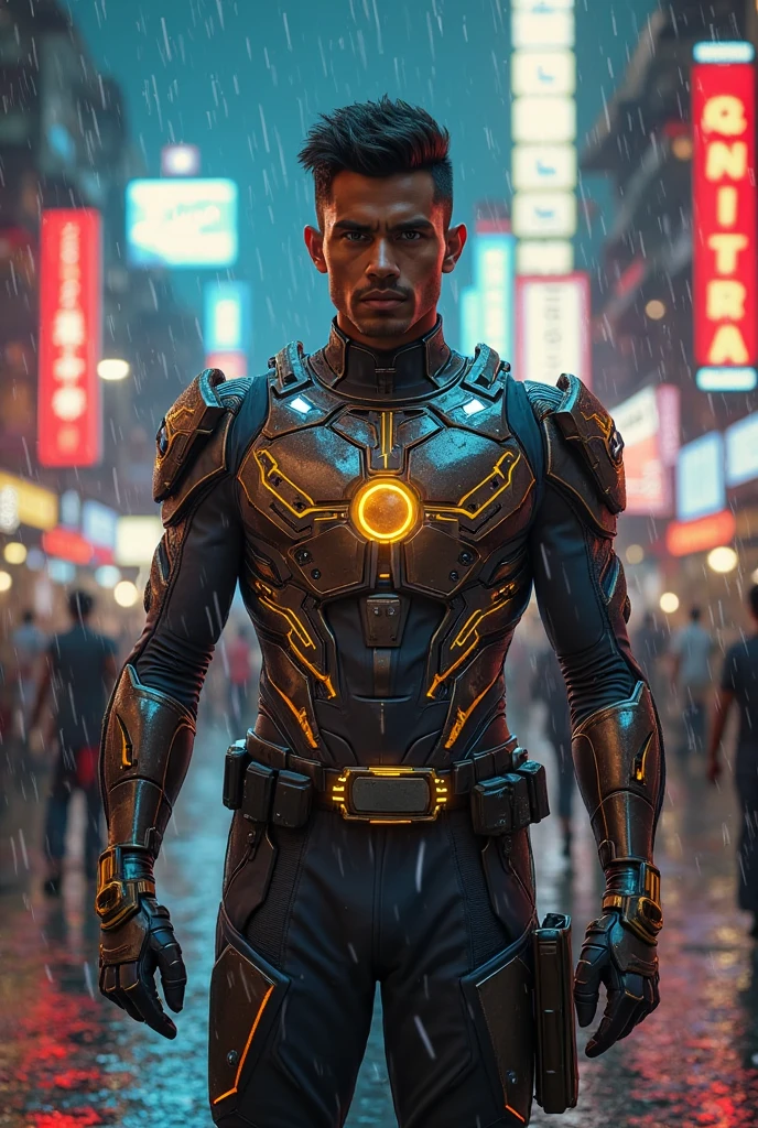 Create C.L.U. From Tron legacy in a rainy yellow neon cyberpunk background make them a white male make him more like C.L.U. From Tron legacy more like tron more like C.L.U. With yellow neon make the character like C.L.U. From Tron legacy make him in a futuristic orange neon suit make him a full body Tron suit make the suit black with yellow neon stripes make it more epic give him a helmet from Tron legacy 