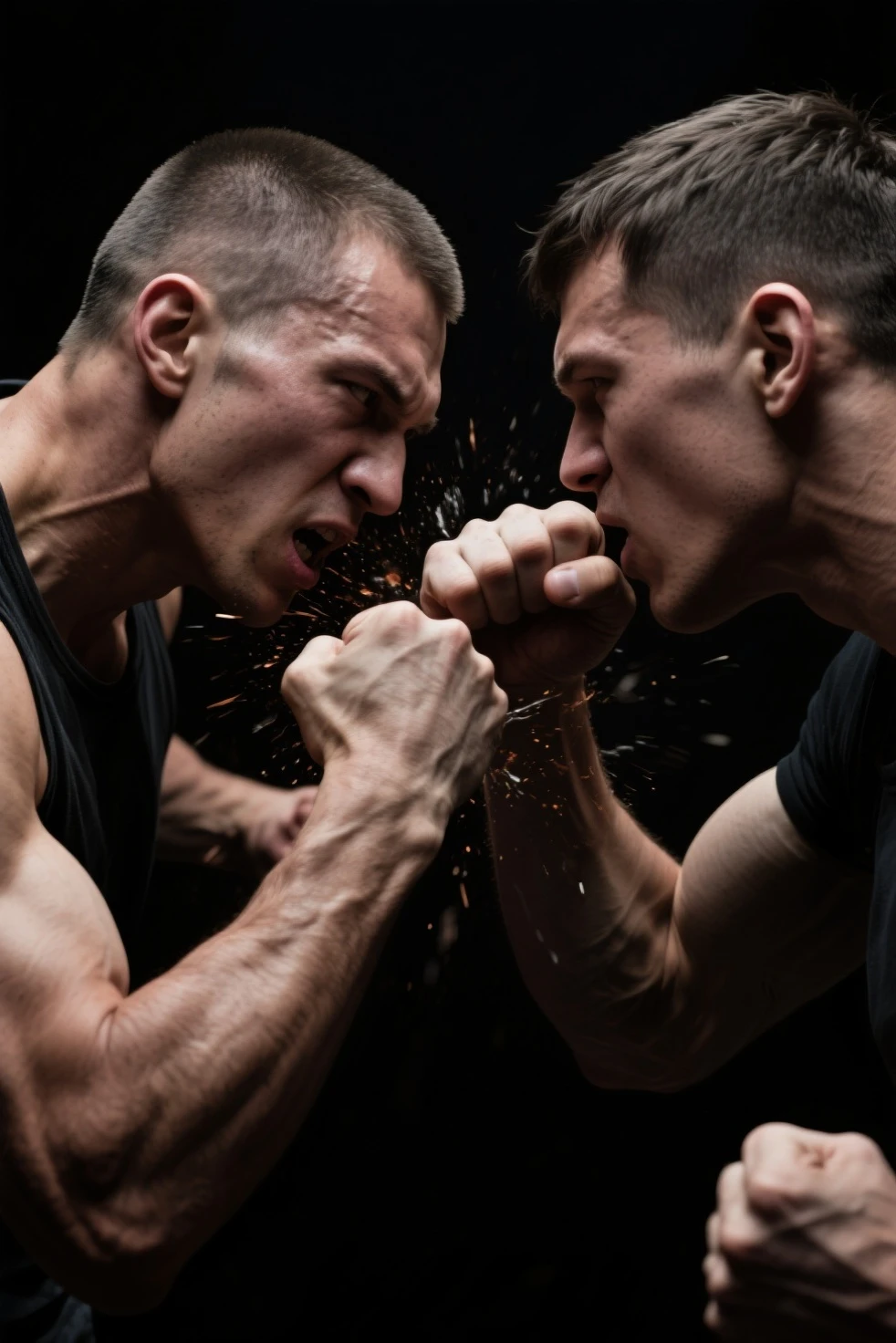 long exposure photo of {two man arm wrestling}in motion, few people cheering behind, rage expression, , blurred edges, low angle, below view, slow shutter speed motion photography, smoke trail behind, shot on FujiFilm XT4 camera f/2. ISO 200