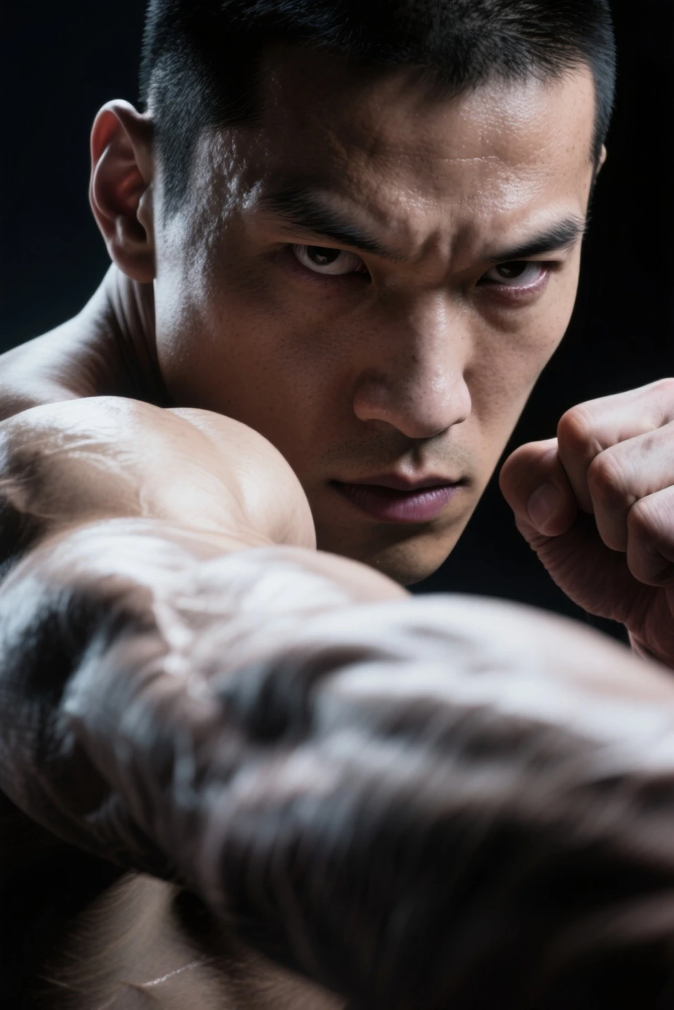 There was a man holding something in his hand, depressed dramatic bicep pose, his arms spread, in a fighting pose, heroic masculine pose, masculine pose, man standing in defensive pose, threatening pose, stretching out arms, Beef Cake Pose, Elongated arms, t pose, arms out, The blurry man raised his hand, fightingpose