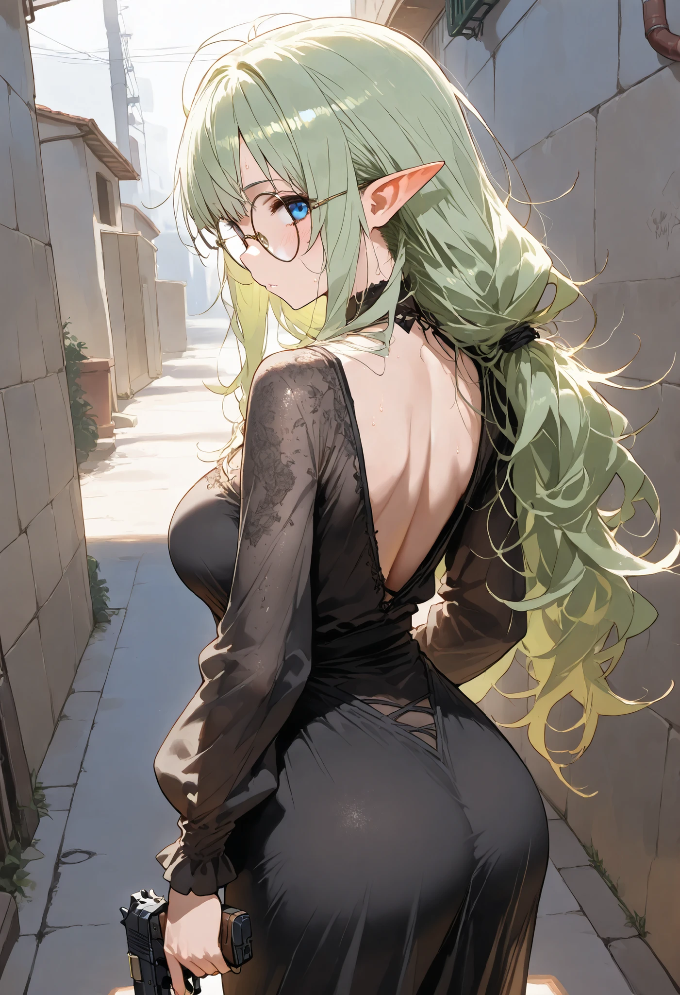 ((best quality)), ((masterpiece)), (detailed), perfect face, textured skin, ((super detail)), high quality, high details, soft focus, holding handgun, green hair, elf, pointy ears, messy hair, a girl show her back, turn around and look at me, Large round glasses, Point the handgun muzzle up, frayed black long dress, (solo), Back Alley