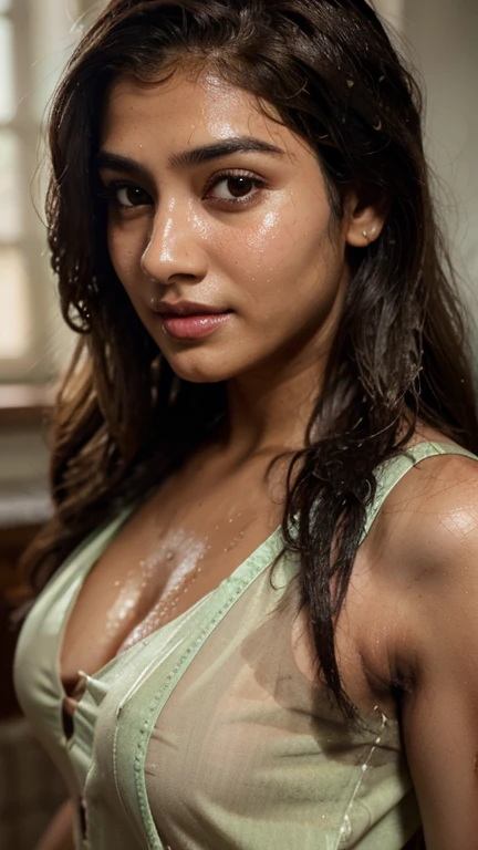 photograph of a cute yet sexy indian woman in a white tank top in water, wet hair pulled back, wet jeans, wet tank top, soaked, hair slicked back, beautiful symmetrical face, ultra realistic, fashion editorial, elegant, highly detailed, intricate, sharp focus, 85mm, mid shot, (centered image composition), trending on instagram, shiny skin. Her brown skin glows with a natural warmth, adding to her allure, hyper realistic