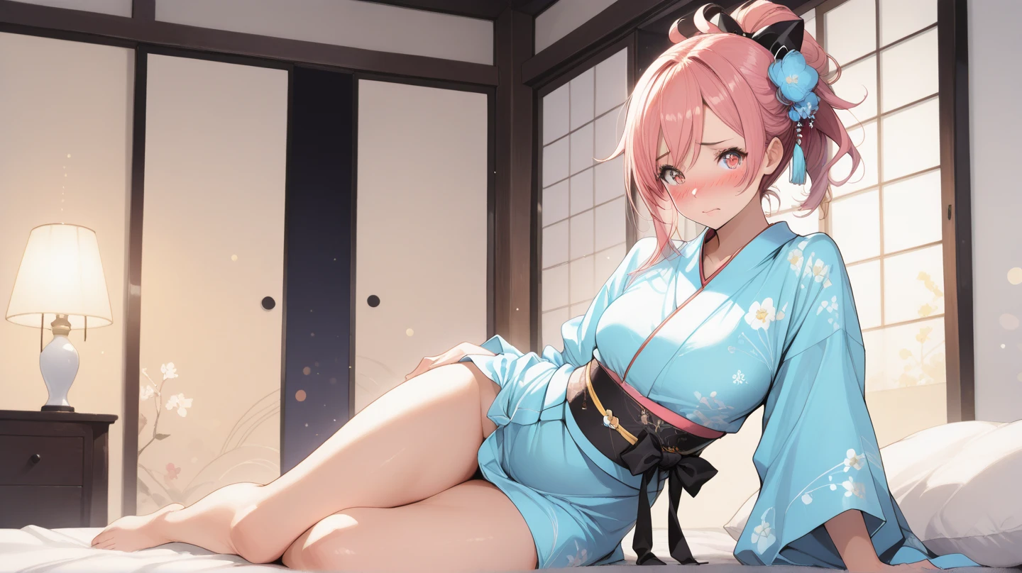 (Photorealistic:1.8, Highest quality:1.8,8K masterpiece:1.8,High resolution,Mastepiece:1.8,RAW Photos,Cinematic lighting)、1 Masochist Woman、Prone、Backwards、Top view angle、
(Japanese Kimono、A super mini kimono with a beautiful and cute orchid-style floral pattern:1.5、choker)、Breast Rope、Thigh rope、(Shoulders bare:1.3)、Bare thighs、Beautiful fair skin、barefoot、Black Pink Jenny's pause、Random Pause