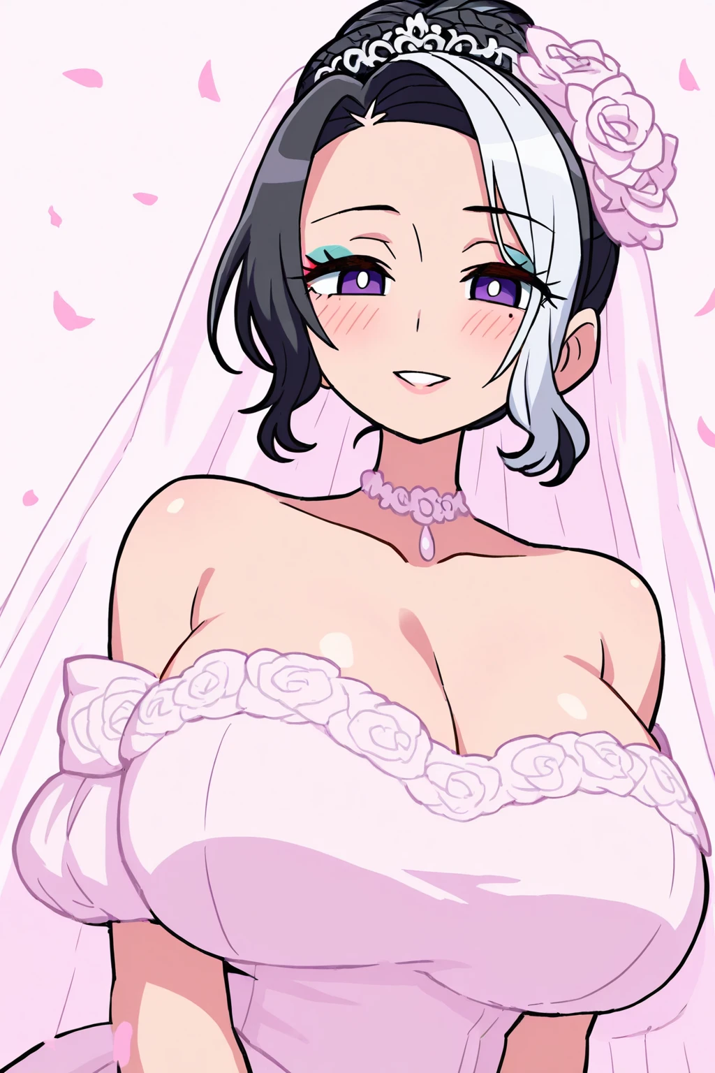 score_9, score_8_up, score_7_up, score_6_up, score_5_up, source_anime, 1girl, league of legends akali, Akali, black hair, ponytail, wedding veil,, league of legends, exposed breasts,large breasts, purple eyes, erect nipples, wedding dress, upper body, , , nipples, wide hips, tight waist, holding a bouquet