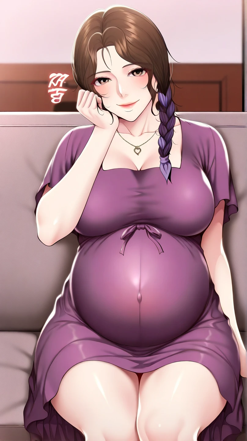 Pregnant woman in purple dress sitting on a park bench, Pregnant belly, she has a jiggly fat round belly, thicc, her belly is fat and round, seductive anime girls, Smooth anime CG art, beautiful anime girl crouching, pregnant, Guviz-style artwork, beautiful alluring anime ，very Bigger breasts