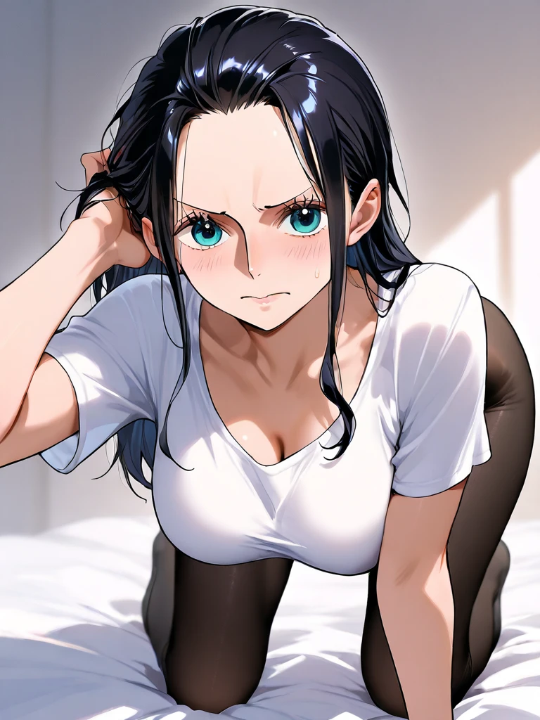 Curvy blue eyed girl with long wavy black hair and small breasts, (cruel_expression):4.0, lewd:2.0, (pubic_stubble):3.0
