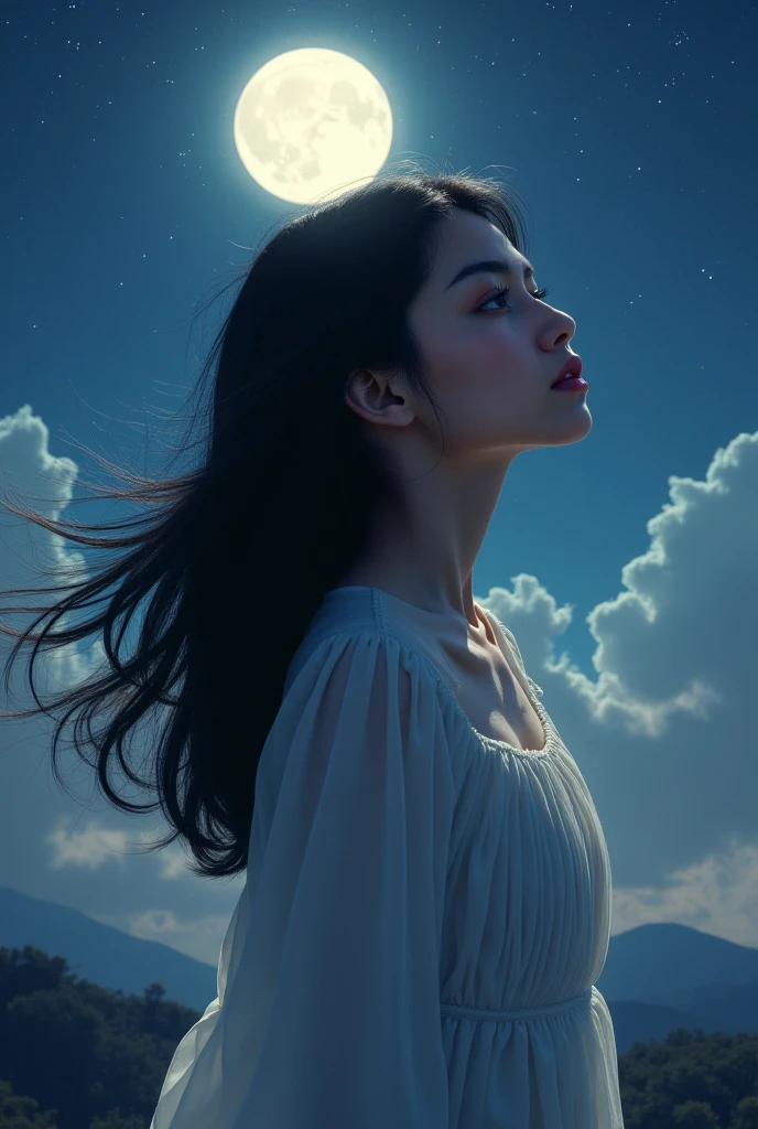 (highest quality,masterpiece:1.3,ultra high resolution),(Super detailed,caustics,8k),(photorealistic:1.4,RAW shooting),(night),(Night Sky),(starry sky),(full moon),(beach),(A girl looking up at the full moon),Are standing,36-year-old,cute,Japanese,black long hair,strong wind,(hair blowing in the wind),(white blouse),Natural light,moonlight,(side shot),(bust up shot),(low position),(Low - Angle)