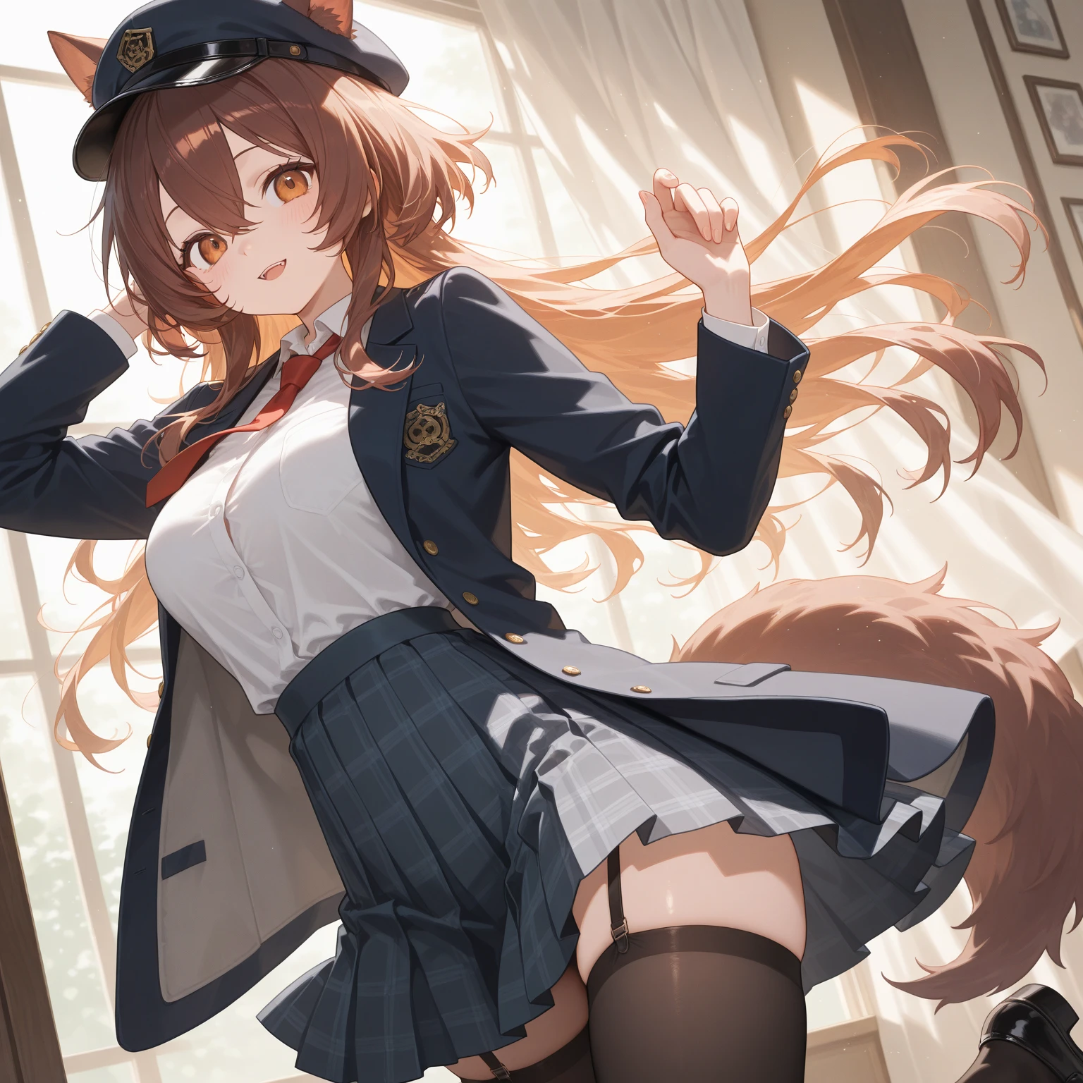 holo is a wolf girl,fox tail, furry art!!!,thick thighs,expressive eyes, (fur skin), wolf ears, sch fi, futuristic ,messy hair, Camel toe very obvious, feral,fox, holo is a wolf girl,fox tails, (brown fur skin), furry, stocking, sweaty,Serval, fox, wolf girl,fangs, sharp eyeliner, eyeshadow, (detailed eyes, lace trims, horny, expressive eyes, open mouth with teeth , fishnet stockings wrap the thighs, uniform, military, military uniform, military outfit, short skirt, sch fi, young