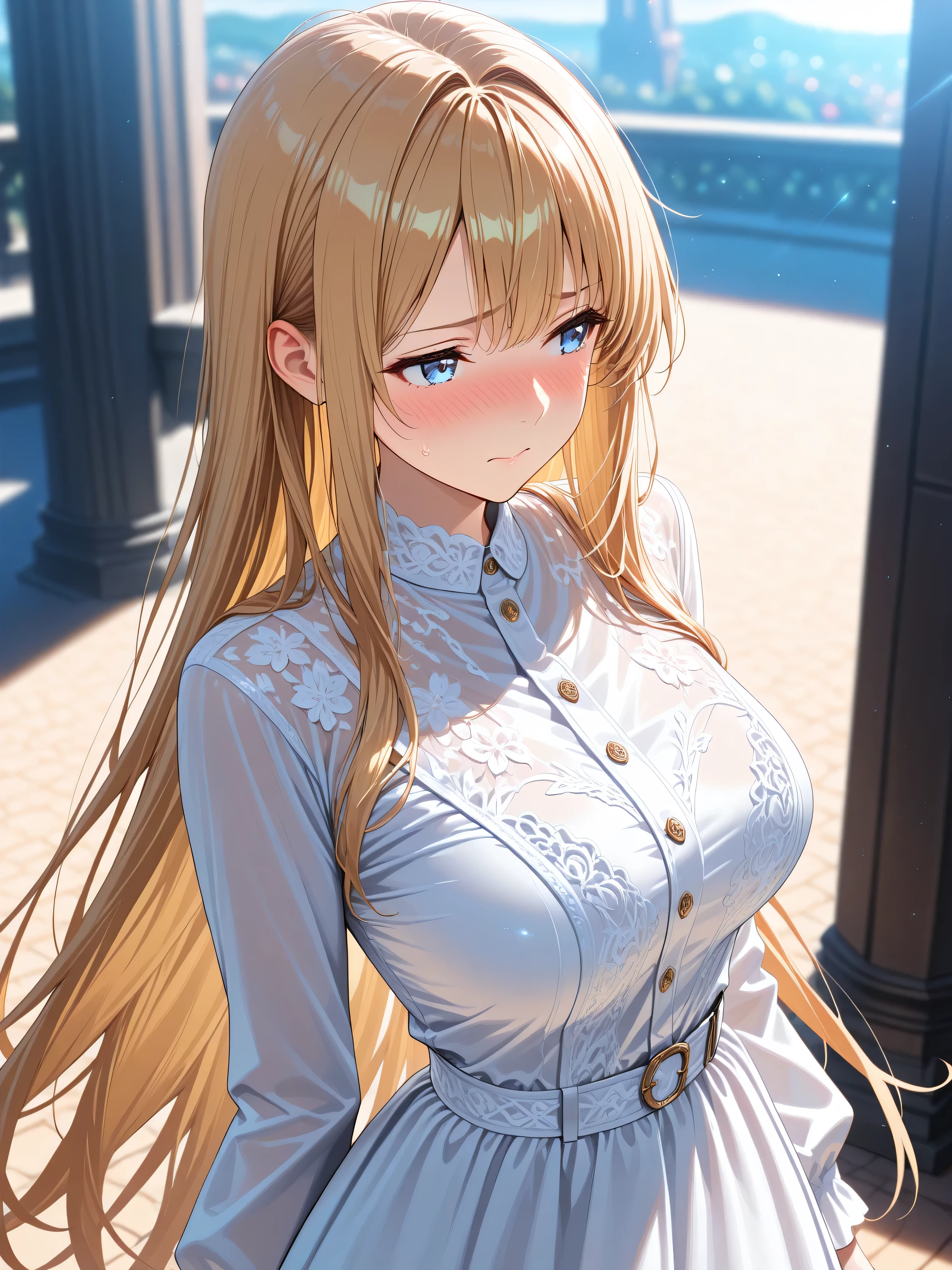 masterpiece, (best quality), 1woman,1girl ,blonde hair, , long hair, blue eyes, ,sexy woman,hair between eyes ,white sweater, (fully clothed), ((closed clothes)),jewelry, hair ornament, vibrant colors ,natural lighting ,RTX, large breasts, beautiful, (detailed face:1.2), showcase, (perfect eyes:1.1) ,(photorealistic:1.1), 8k uhd, looking a viewer, outdoors, simple backround,
