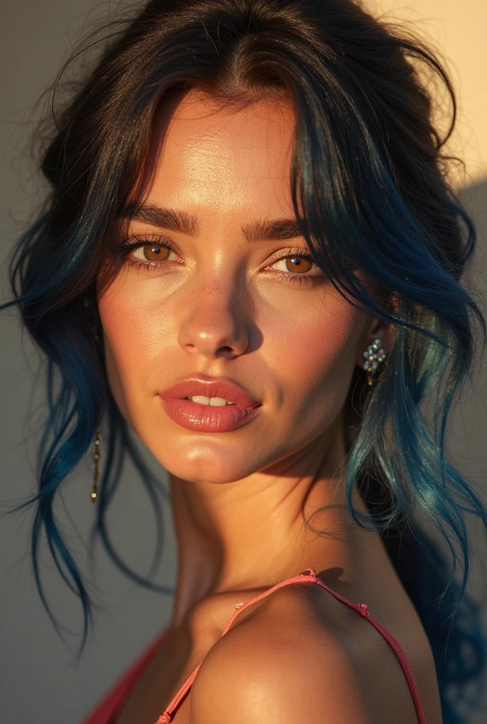 (irina shayk x margot robbie) hot girl with blue hair and blue eyes, wear black dress, sexy pose in the club