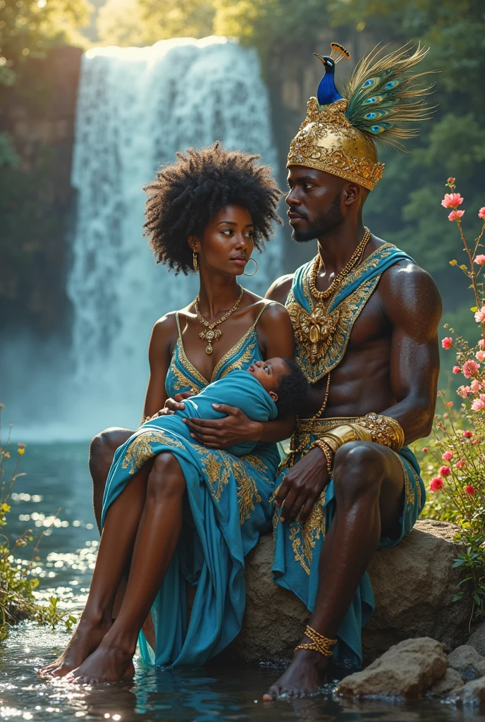BEAUTIFUL AFRICAN KING AND QUEEN NAKED IN A THICK FOREST NEAR FLOWING RIVER NILE. THE MAN KING HAS VERY SHORT BRAIDED HAIR. HE IS WEARING A GOLDEN NECKLACE. HIS WIFE THE QUEEN IS VISIBLY PREGNANT IN EARLY STAGE OF PREGNANCY. SHE IS WEARING A PURPLE LAVENDER ROBE AND A GOLDEN NET VEIL ON HER HEAD. SHE HAS LONG BEAUTIFUL TIED HAIR 