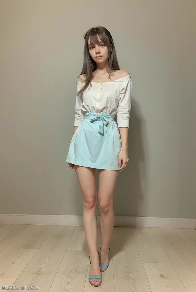 Young woman posing in an indoor corridor。She is wearing a blue blouse with a heart pattern.、The blouse has an off-the-shoulder design.。The blouse is cinched at the waist、The frills are on。She is wearing a white pleated skirt、On her feet she wears white sandals。Her hair is long、blackened、Braided into twin tails。She is smiling at the camera.、I'm posing with my back slightly twisted.。In the background you can see a photo spot perfect for Instagram.。Overall bright、There is a clean atmosphere。
,(Makes your face smaller:1.4)、Small head、Clear skin、((Best image quality))、 ((High resolution))、The face is round、Has big brown eyes。Her eyes are sparkling.、It has a slightly moisturized shine.、Emotions are abundantly expressed。The eyes are slightly open、I feel interest and curiosity。Also、Long eyelashes、It enhances the sparkle in your eyes。16-year-old high school girl、Bondage、Vibe、rotor、M-shaped legs、uniform、Thin Necklace、Thong