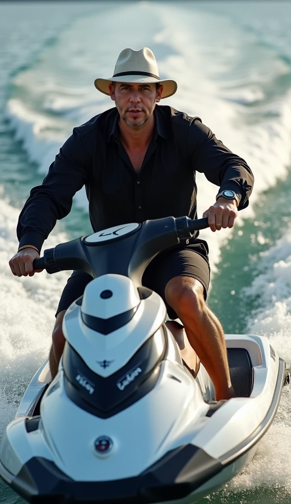 Transporting the viewer back in time, the image exudes a nostalgic charm reminiscent of vintage beach postcards. The cool man, with his retro sunglasses and laid-back demeanor, embodies the spirit of carefree summer days. The jetskis, with their vibrant colors and sleek design, add a touch of retro flair to the scene. Shot with a 50mm lens on a Nikon D850, rendering in 12K resolution for a timeless snapshot of beachside cool.