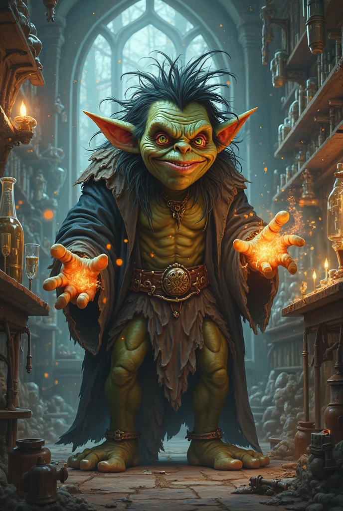 ((best quality)), ((masterpiece)), ((realistic)), (detailed), male Goblin,imaginative and mischievous goblin character with a hunched posture, glowing beady eyes, and a malevolent grin. Use earthy green and brown tones for its mottled skin, and add small, stubby horns on its sloping forehead, scraggly moss-like hair,sharp jagged teeth in its wide mouth, goblin should be small in stature, around 2 to 3 feet tall, fantasy, Young adult Brawny, Latin American, Brown eyes, , Ginger Tousled waves hair, Disapproval,, Experimenting with potions and elixirs, seeking new magical brews, wearing Seer's Vestments , , Celestial Star Crown, and Glimmer (Vibration,decay,Amber ,Plasma,Circulation,moonbow,Dashed lines magic:1.3), ((masterpiece)), absurdres, HDR, <lora:add_detail:1>, <lora:LowRA:0.5>