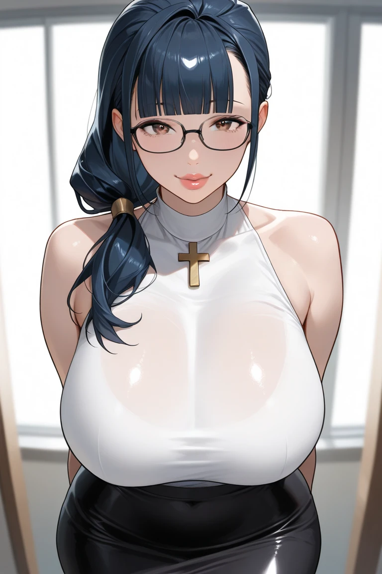 masterpiece、Super detailed、Highest quality、8K Illustration、(Full nudity of the priest:1.5)、(Huge Tits:1.5)、(Married Woman)、Sexy lips、Glasses、shame、cathedral
