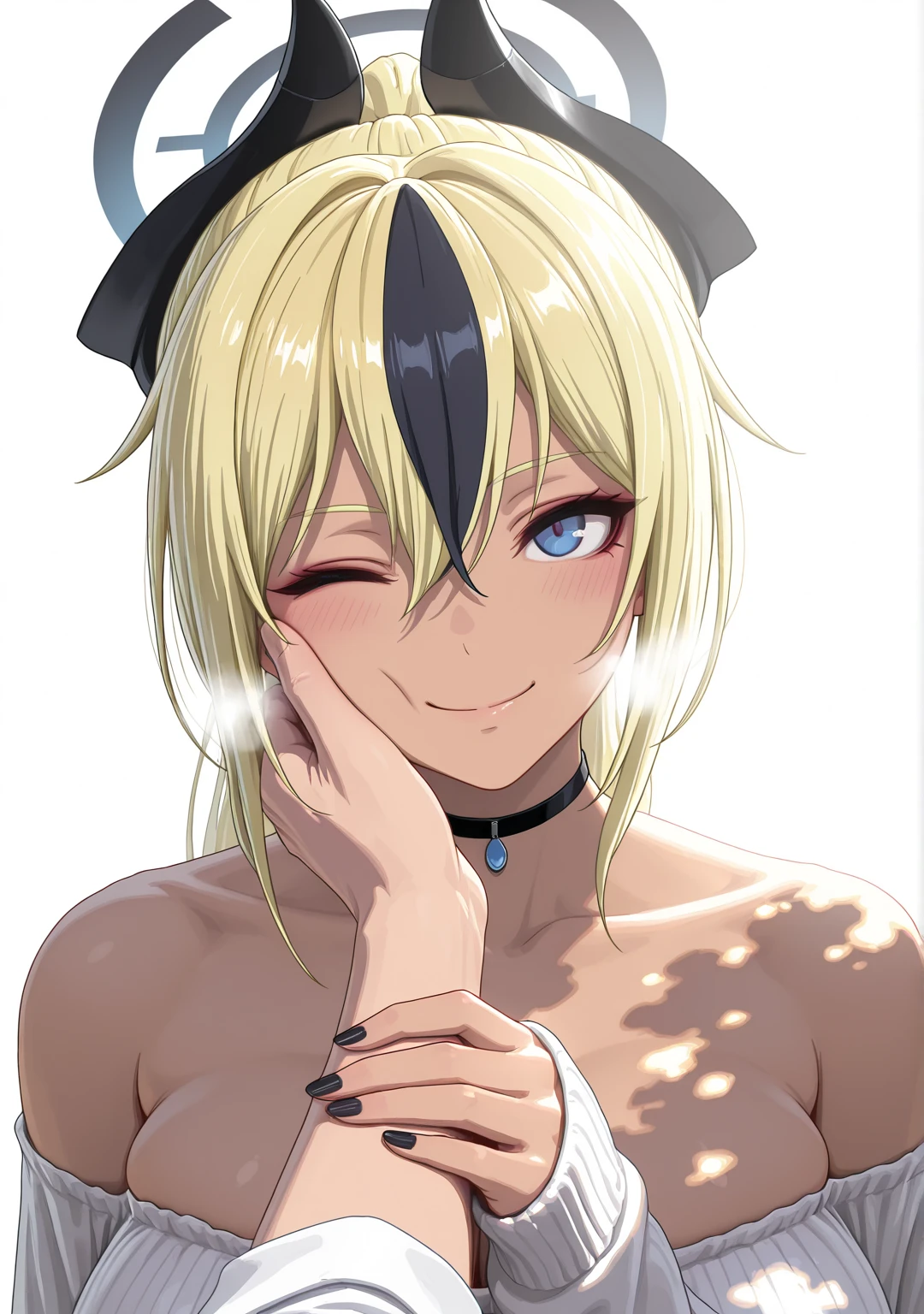 young girl, longue blonde hair, high ponytail, cat ears, violet eyes, naked, open belly, open breasts, tattoo, nipples, smirk, cigarette, Masterpiece, hiquality