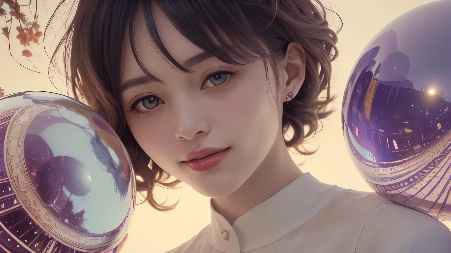 382 (20 year old woman),(short hair),(gentle smile),(high quality photos),( cinematic pictures playing on the lawn ),(colorful),(Crystal Ball),((contrast between light and shade))