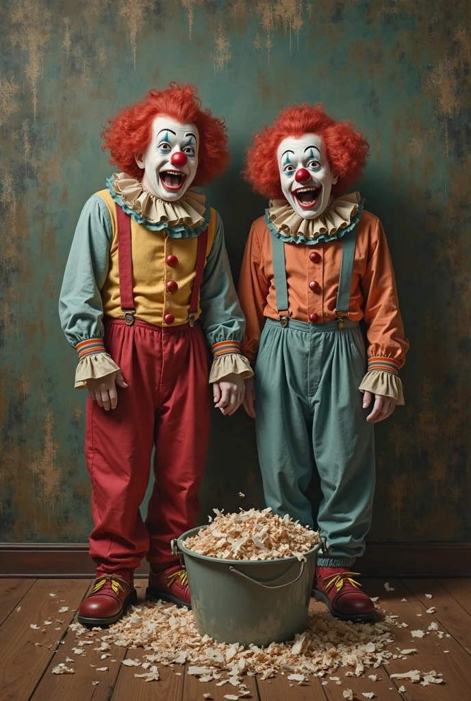 (full body shot, ultra-detailed, best quality, photorealistic:1.37, 4k, realistic, portrait, photography, Vincent and Jules from Pulp Fiction, iconic shooting pose, fetish, latex, dressed like sad clowns, clown red sponge ball nose, clown makeup, clown papillon, detailed facial features, vibrant colours, 35mm)