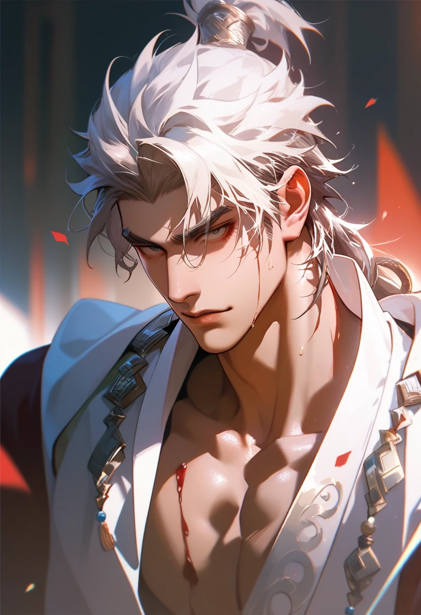 Best quality, ultra high resolution, ultra-detailed,realistic,18 years old,boy,8k,Luffy,one piece,White flame hair,Luffy gear 5,handsome,Naruto hair,white hair,hair up,Naruto.
