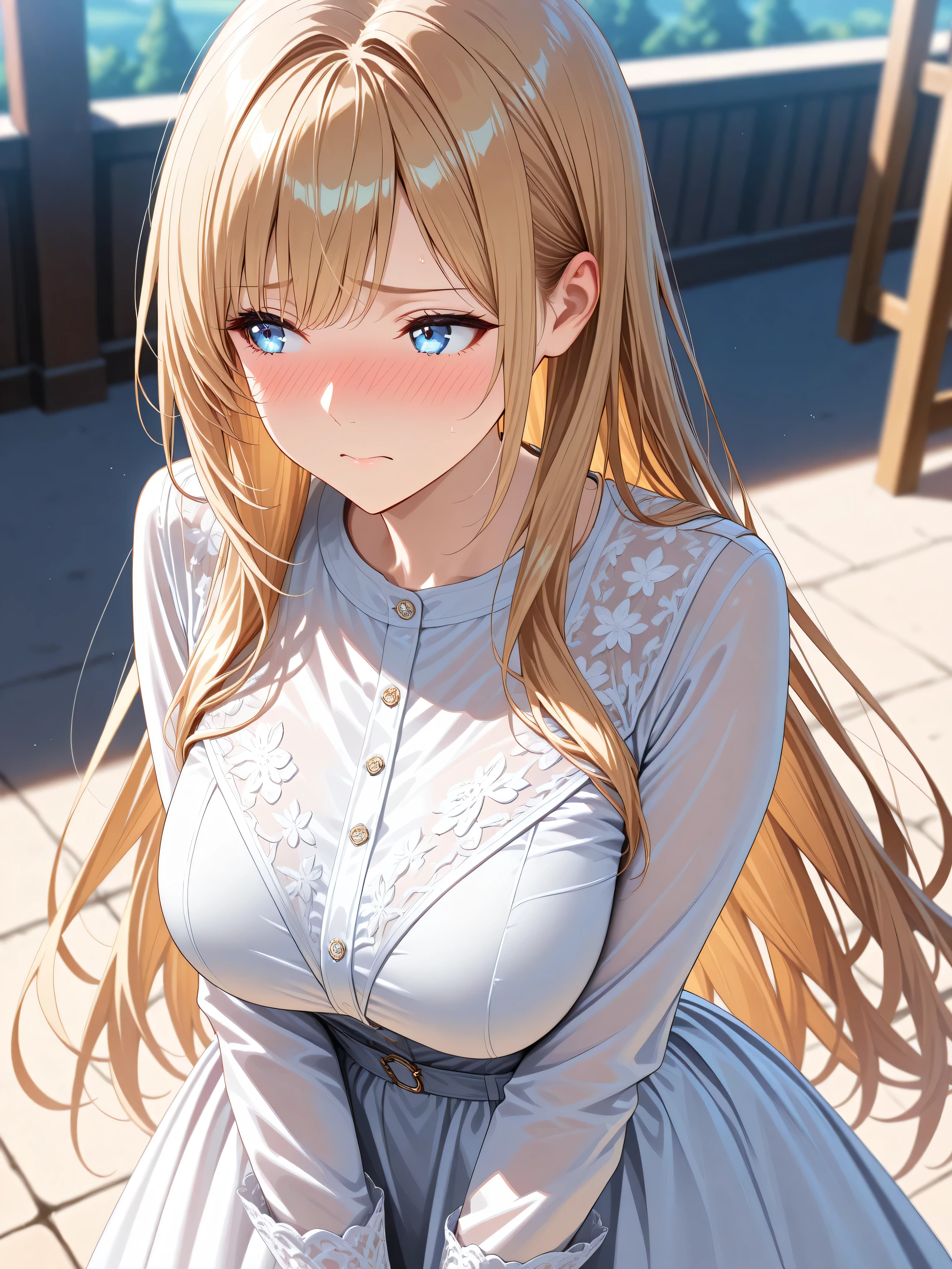 official art ,High Construction ,Hi-Res CG Unity 8K Wallpaper, super high accuracy , high accuracy , Half photo , Silk Embroidery and Film Grain   , Best Quality ,8k, viewer , ((masterpiece)), ((Best Quality )), (beautiful), amazing shading, cinematic lighting, high resolution , absurdres , Fashion photography , newest , hyper-detailed , realism , depth of field, extremely clear image , contrasts of light and shadow , 2 . 5D , artistic photography , hyper realistic
,BREAK, booster ,detailer ,Design ,High Construction ,BREAK ,
fantasy city , fantasy town  ,BREAK
 ,1 girl ,Fair-skinned, big breast ,long straight golden hair ,very long hair, deep blue eyes ,White long dress, Slender line dress ,Long sleeve ,orgasm ,having an orgasm ,embarrassing  ,nose  blush, upper body ,((looking away ,from above)), Worried brow