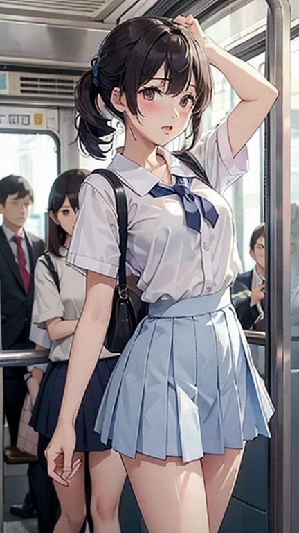 ((highest quality)), ((masterpiece)), (Familiar), A high school girl riding an escalator on her way to school、Glare、Navy Blazer、mini skirt、Navy blue socks、Back view、Secret photos、(View from directly below)、Navy blue socksのクローズアップ、mangaコマ割り、Manga style、manga、Station Escalator、Everybody line up on the left、顔のみのコマとBack viewのコマ,((Short brown hair)), Beautiful brown hair, (Clear brown eyes), Slightly chubby,Small breasts,