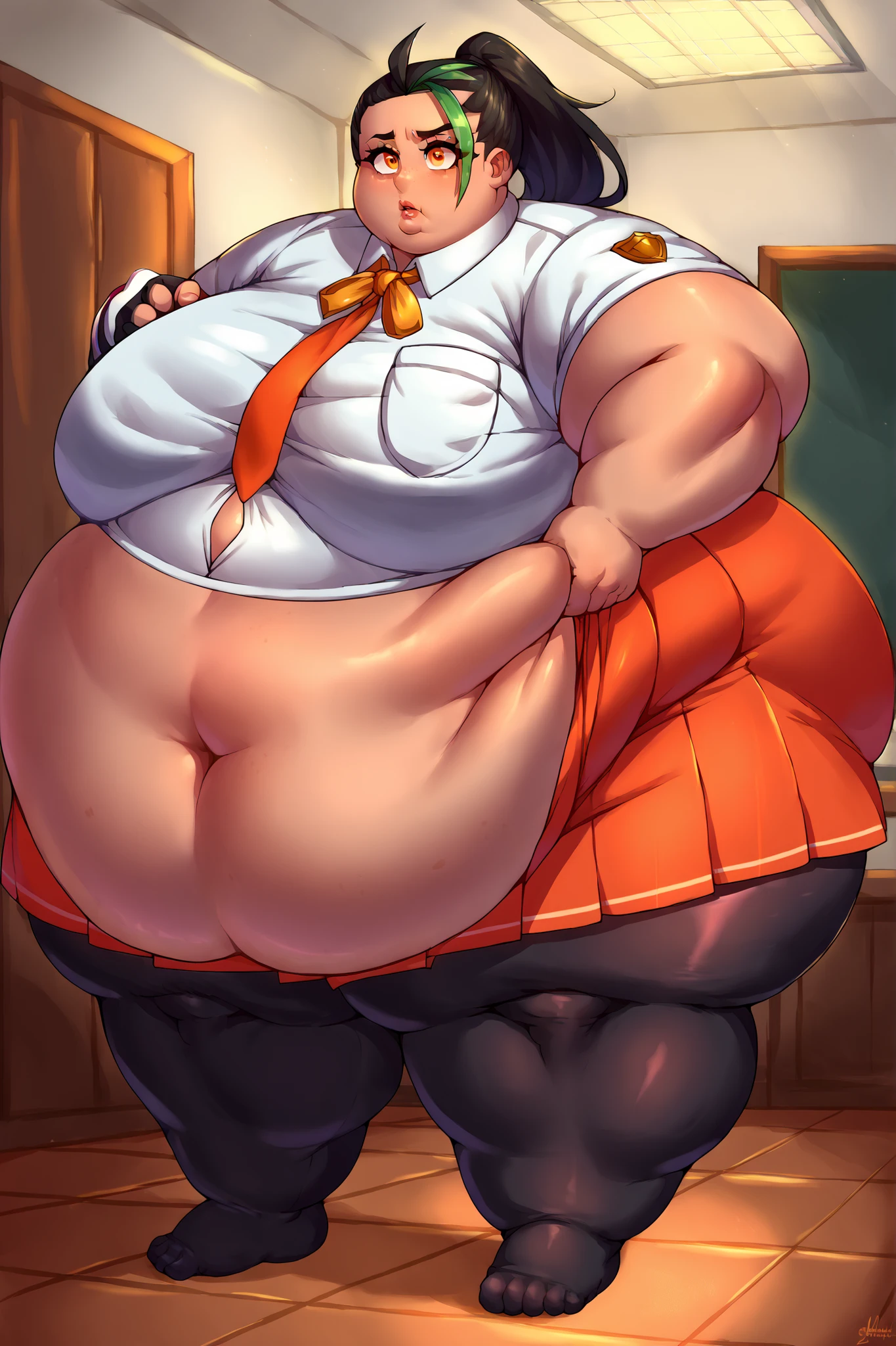 masterpiece, best quality, 1girl, kaoruko, brown hair, brown eyes, twintails, hair ornament, large breasts, red ascot, looking at viewer, sketch, solo, background,extremely obese, (obese belly):1.7, (obese legs):1.5, fat rolls, SSBBW Adeline body,(thicc:0.5), (WeightImmobile:1.3), (obese:1.2) (round face:1.3), huge belly, wide hips, from below, discoelysium, legs spread, muffin top, pudgy, Big Baby Bump pregnant, Big boobs, Big pregnant Belly, Big Pregnant girl, Largest Belly of Pregnant, Huge Pregnancy, Huge 9 months Pregnancy Belly, huge belly expansion, huge belly girl, morbid obesity,800lbs,enormous fat belly, rolls of fat, fat thighs, Massively Bloated Abdomen, ridiculously large spherical Belly, oversized spherical stomach, ridiculously oversized pregnant belly, huge stomach
