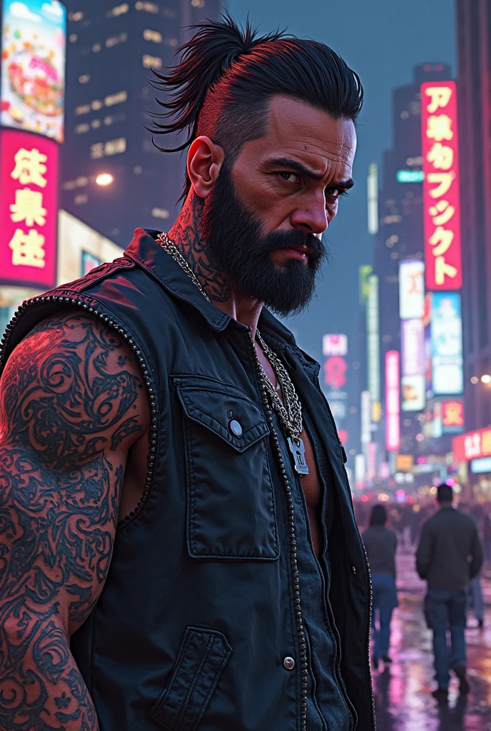 Uncle Shandong, China,male people,he is about 50 years old,Rough and handsome looks,musculature,Oversized muscles,Oversized pectoral muscles,Bare topless,Bare topless,Big waist round,Chest hair,Lay on a beach chair,cyberpunk backgrouns,underwear,Black socks,buzz cut, vred, scowling, Best quality, Masterpiece,(Tattooed with:1.5),(musculous:1.5),(Obese:1.5),(Gray hair:1.5 ),(Gray body hair:1.5),(Skin Wrinkles:1.5),(gloss on the skin:0.5),