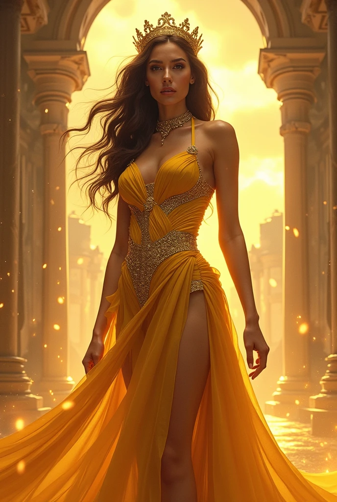 An Asian woman in a long gold dress showing off her figure, walking forward, long dark hair, side smile, elevated front, high cheekbones, thick eyebrows, Small front, sharp nose, almond eyes, high cheekbones, cupid&#39;s bow mouth, pointed chin, long neck, wide shoulders, small waist, wide hip, long legs, Artgerm, artstation, front view, kinetic and soft lighting