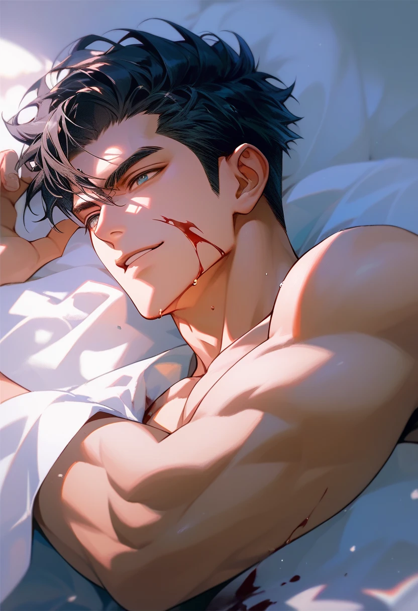 Man laying in bed shirtless,waist covered with bed sheets(red satin bed sheets) splash of white goo on his abdomen top view