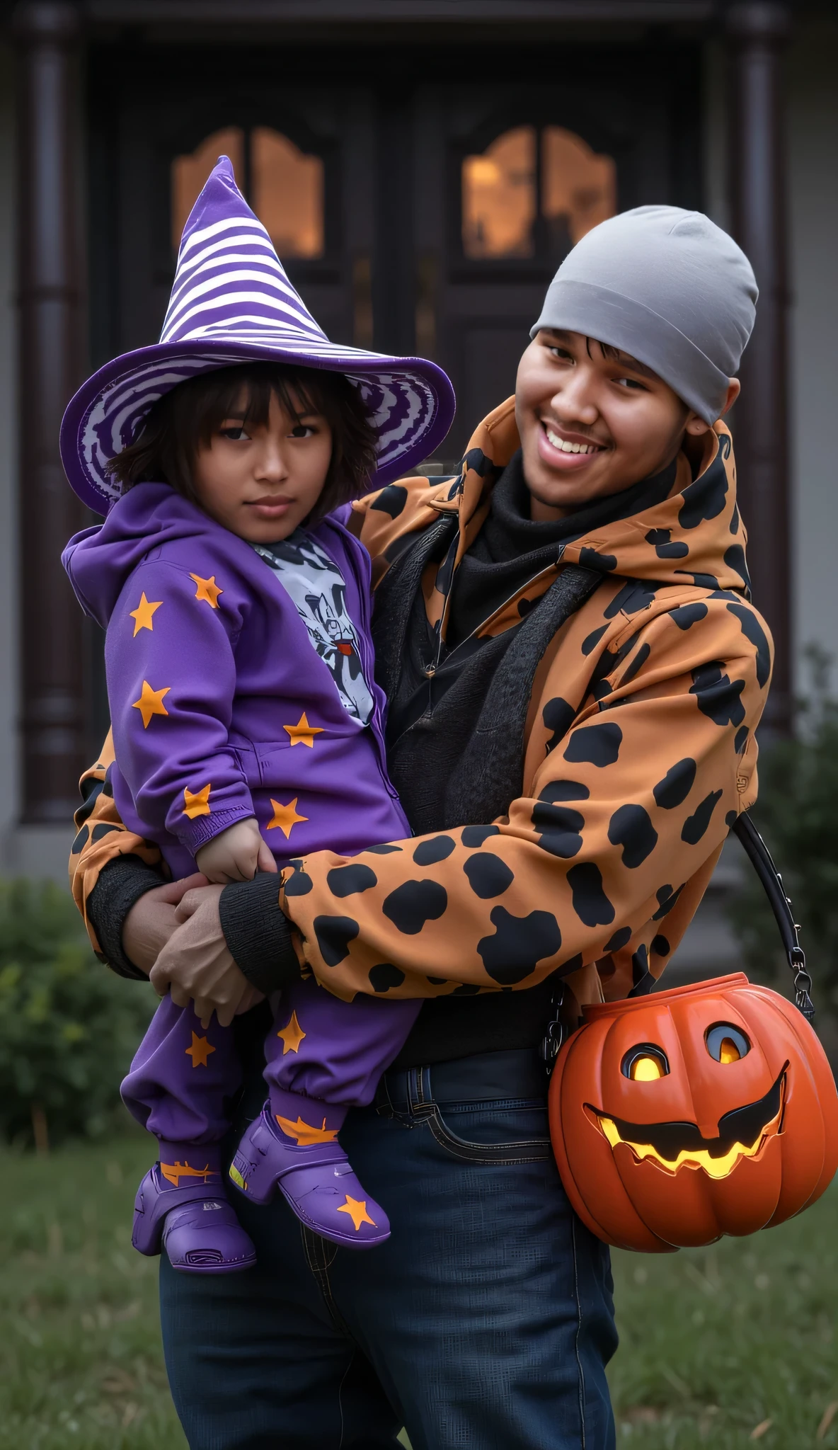 Big black strong guy with bucket of candy chasing a kid down the street on halloween night
